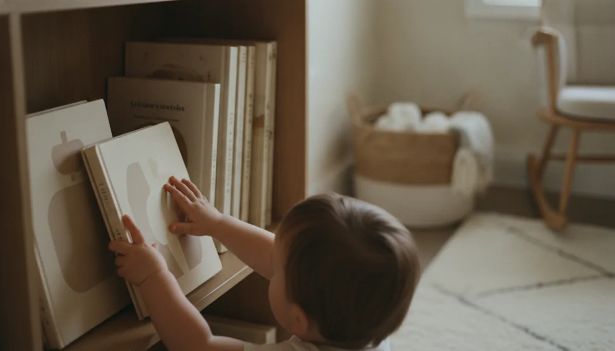 A shelf with children's books sorted from board books to paperbacks, child hands reaching for one