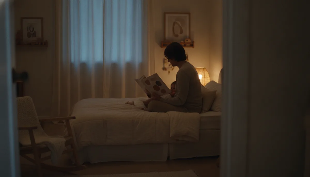 A parent reading to a child by the light of a small bedside lamp in a dim bedroom