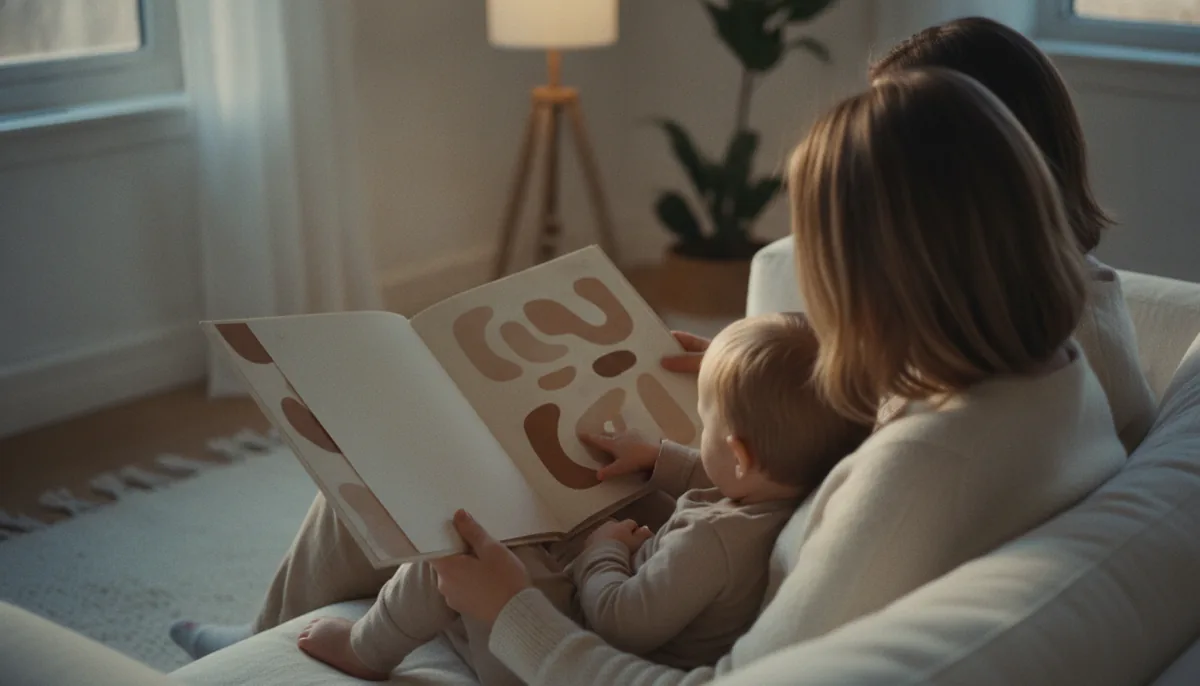 Parent and child reading a picture book together on a sofa in warm evening light