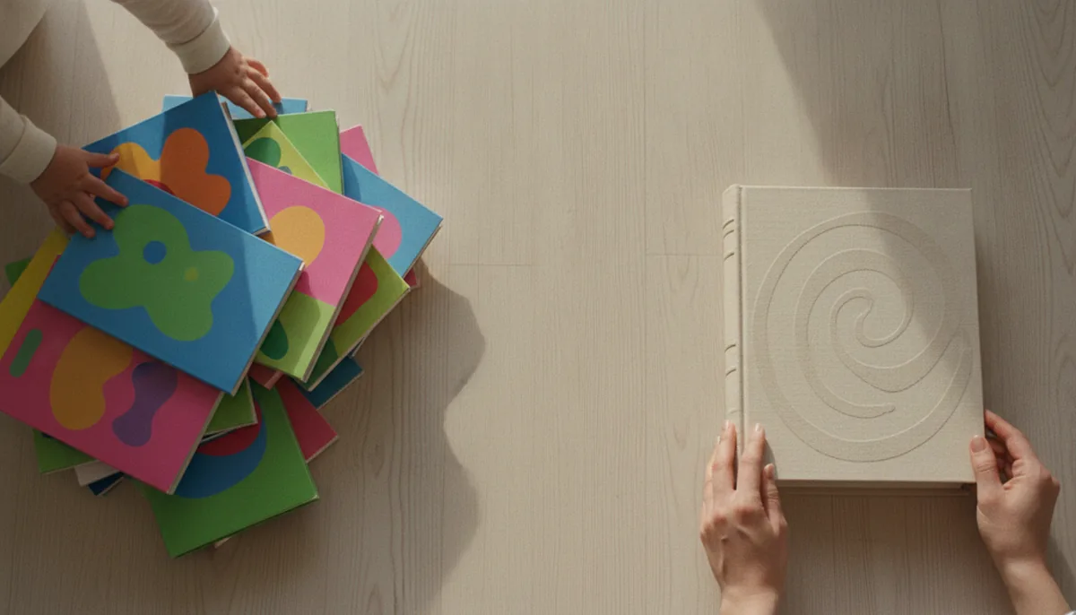 A pile of garish children's books next to a single well-made picture book on a wooden floor