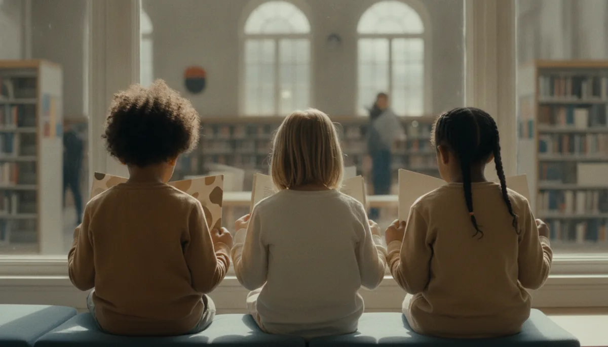 Three children sitting side by side on a library window bench reading picture books