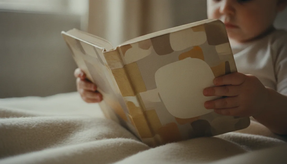 Child hands holding a well-worn picture book with a taped spine